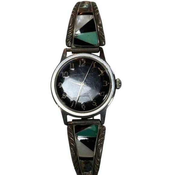 Vintage Turquoise Onyx abalone sterling watch band USA Croton reliance 21 jewels - Picture 1 of 8
